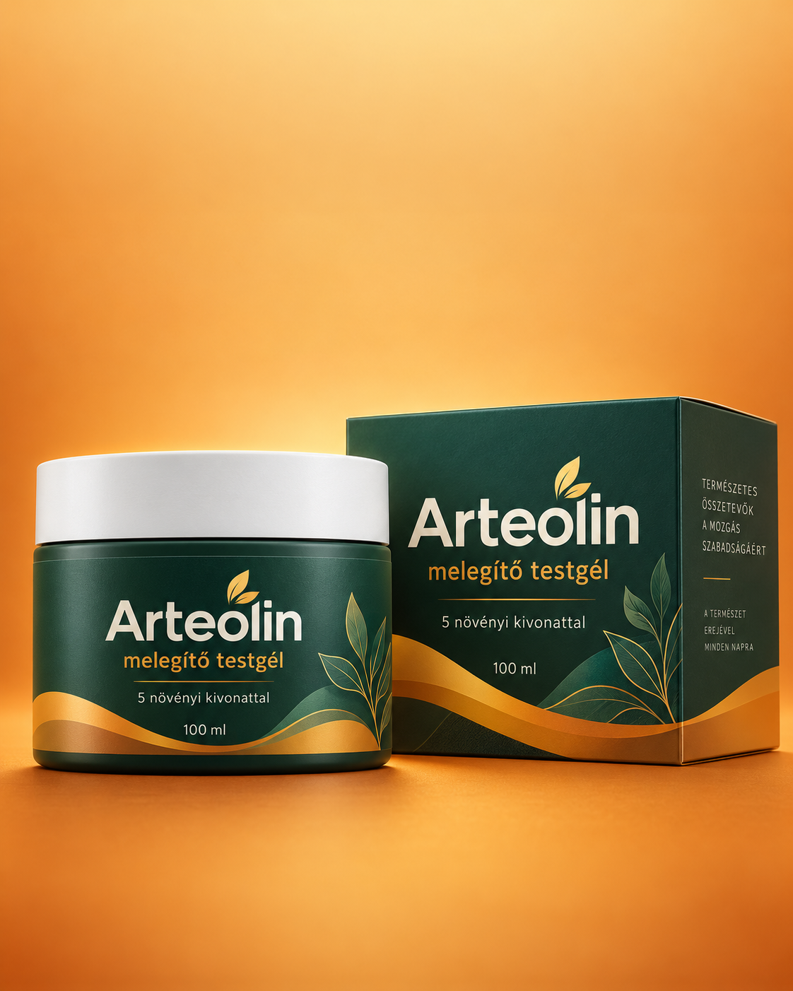 Arteolin melegítő testgél 100 ml-es tubusa álló helyzetben, meleg borostyán fényben